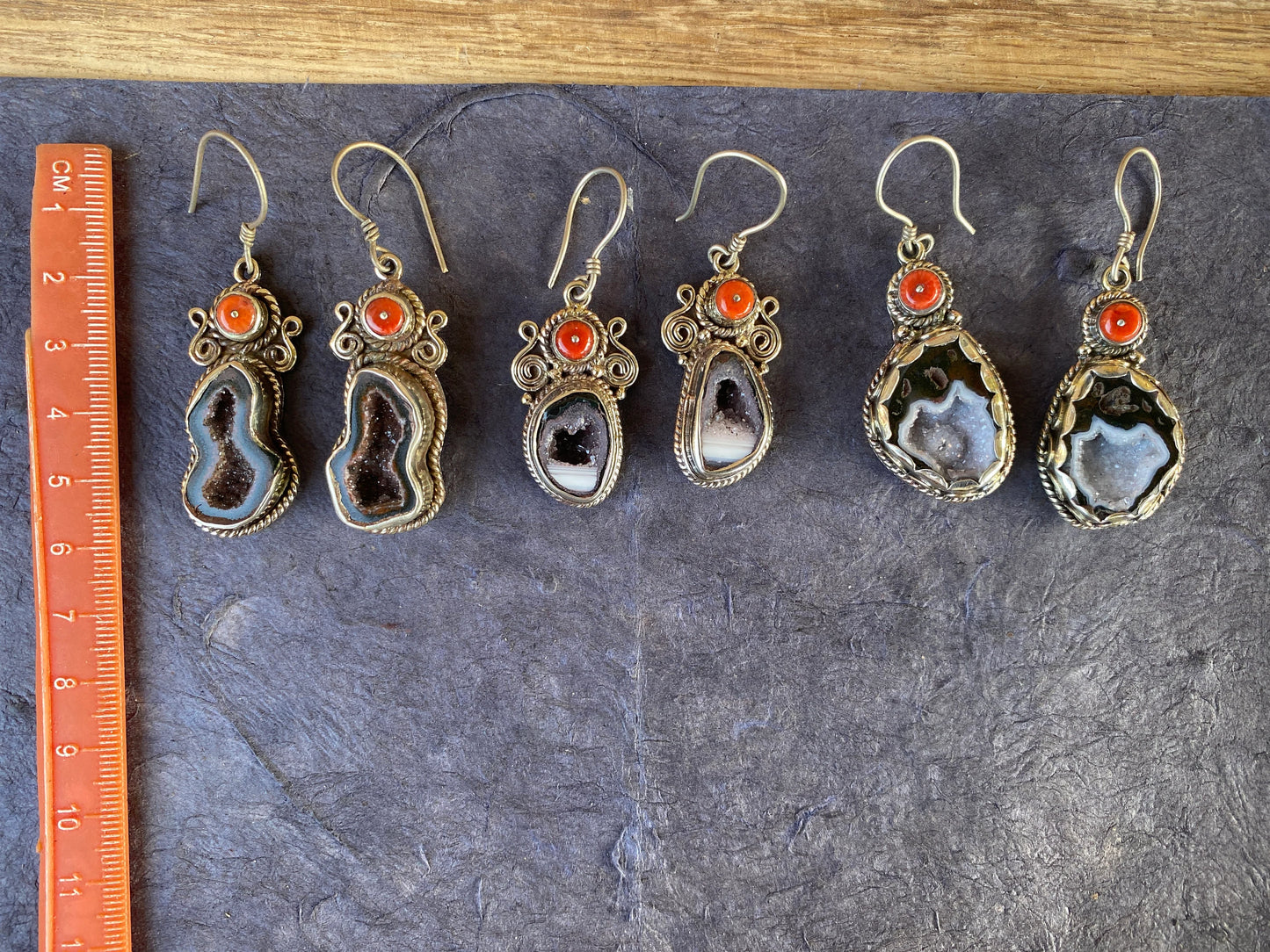 Raw Geode Drop Earrings with Red Coral, Tibetan Silver, Tabasco Geode Jewelry, Blue Agate Earrings, Raw Stone Jewelry, Black Druzy Earrings