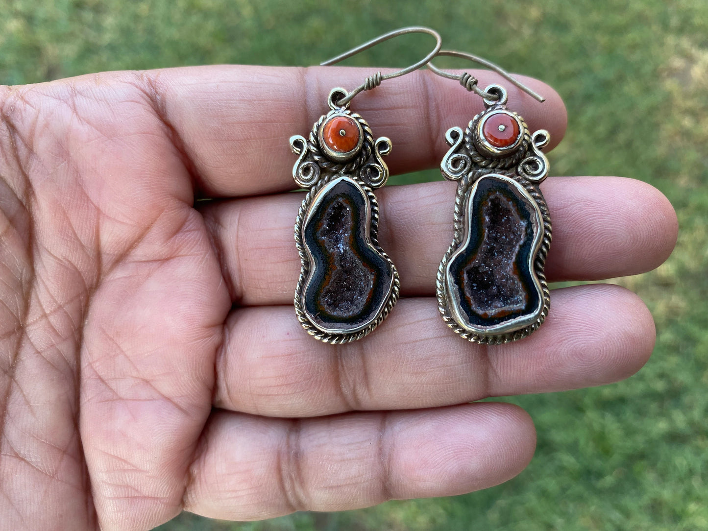 Raw Geode Drop Earrings with Red Coral, Tibetan Silver, Tabasco Geode Jewelry, Blue Agate Earrings, Raw Stone Jewelry, Black Druzy Earrings