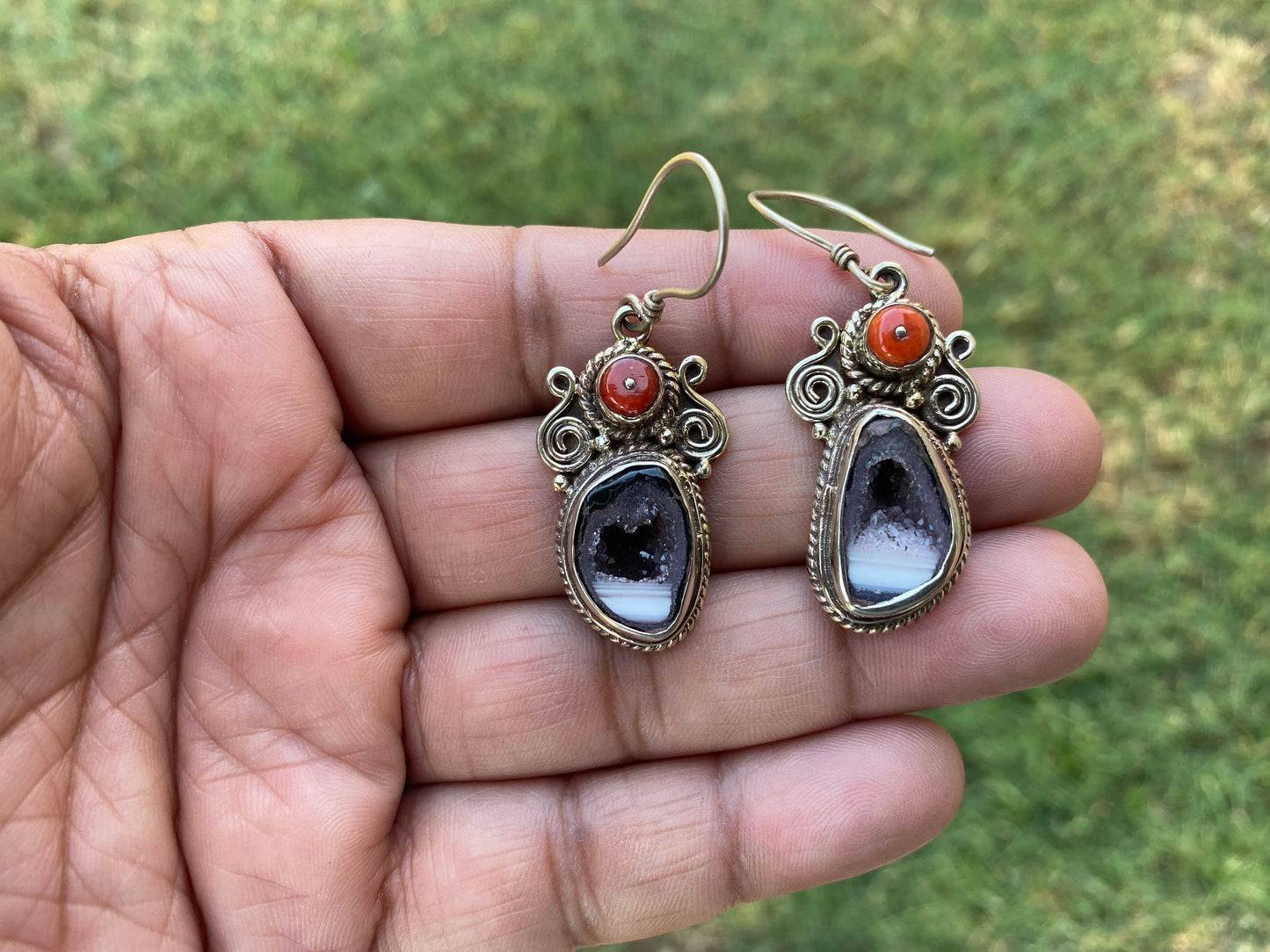 Raw Geode Drop Earrings with Red Coral, Tibetan Silver, Tabasco Geode Jewelry, Blue Agate Earrings, Raw Stone Jewelry, Black Druzy Earrings