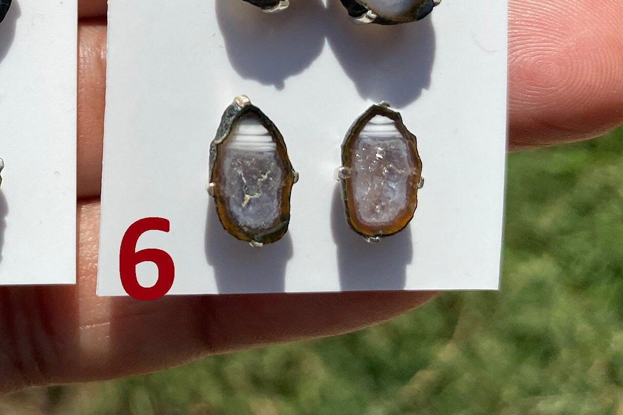 Raw Geode Sterling Silver Studs, Geode Crystal Ear Stud, Raw Crystal Prong Earrings, Tabasco Geode Post Earring, Druzy Earring, Light Weight