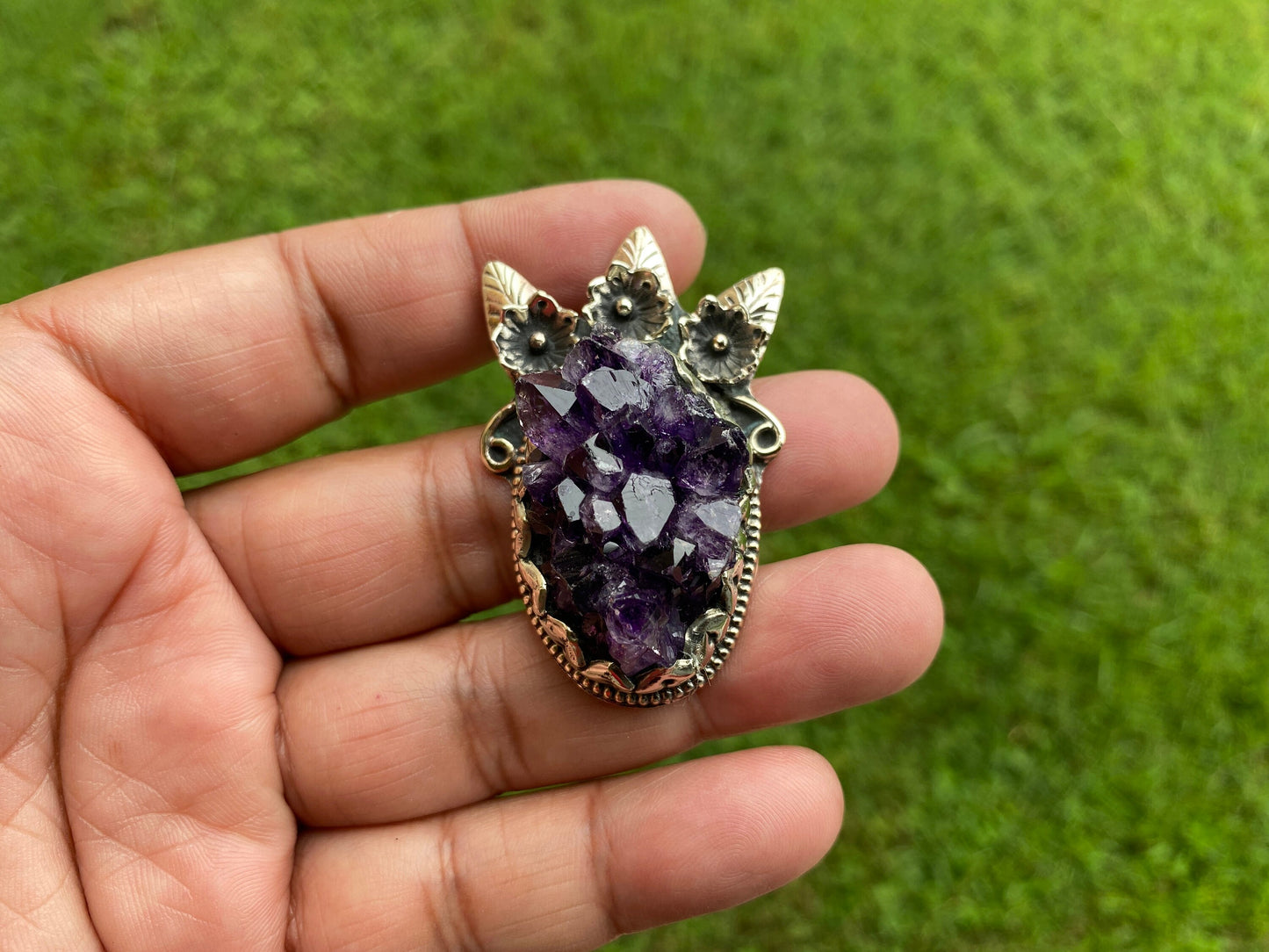 Raw Healing Crystal Natural Amethyst Druzy Stone Tibetan Silver Pendant, Hill Tribe Women's Jewelry, Birthstone Pendant, Pendant Necklace