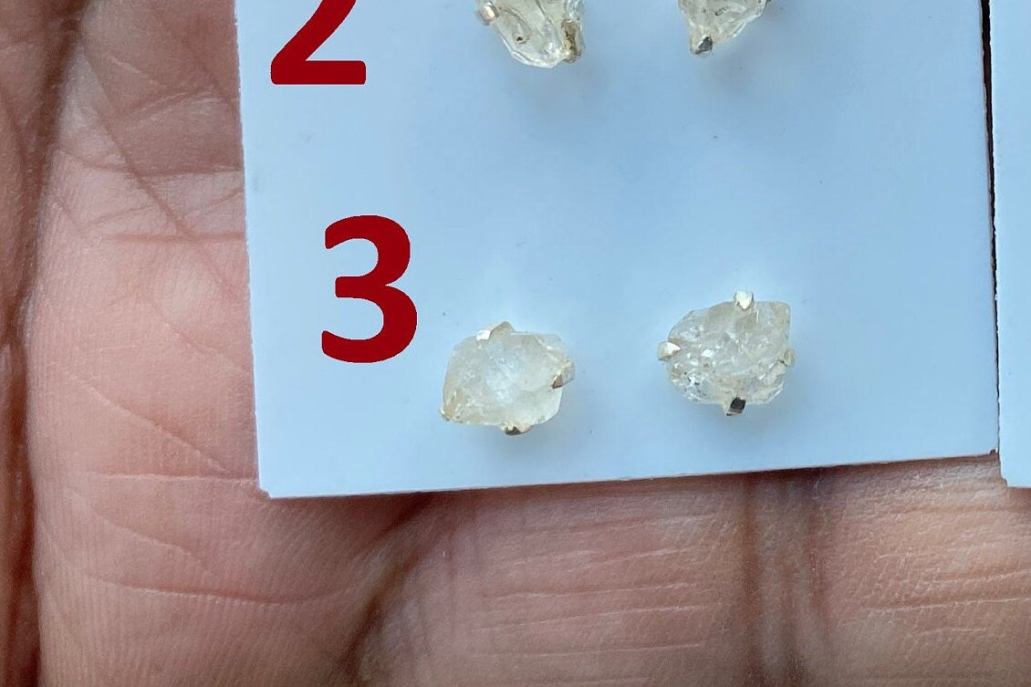 Raw Herkimer Diamond Sterling Silver Stud Earring, Elegant, Dainty, Stylish Natural Gemstone, Raw Prong Set Stud Earring, April Birthstone