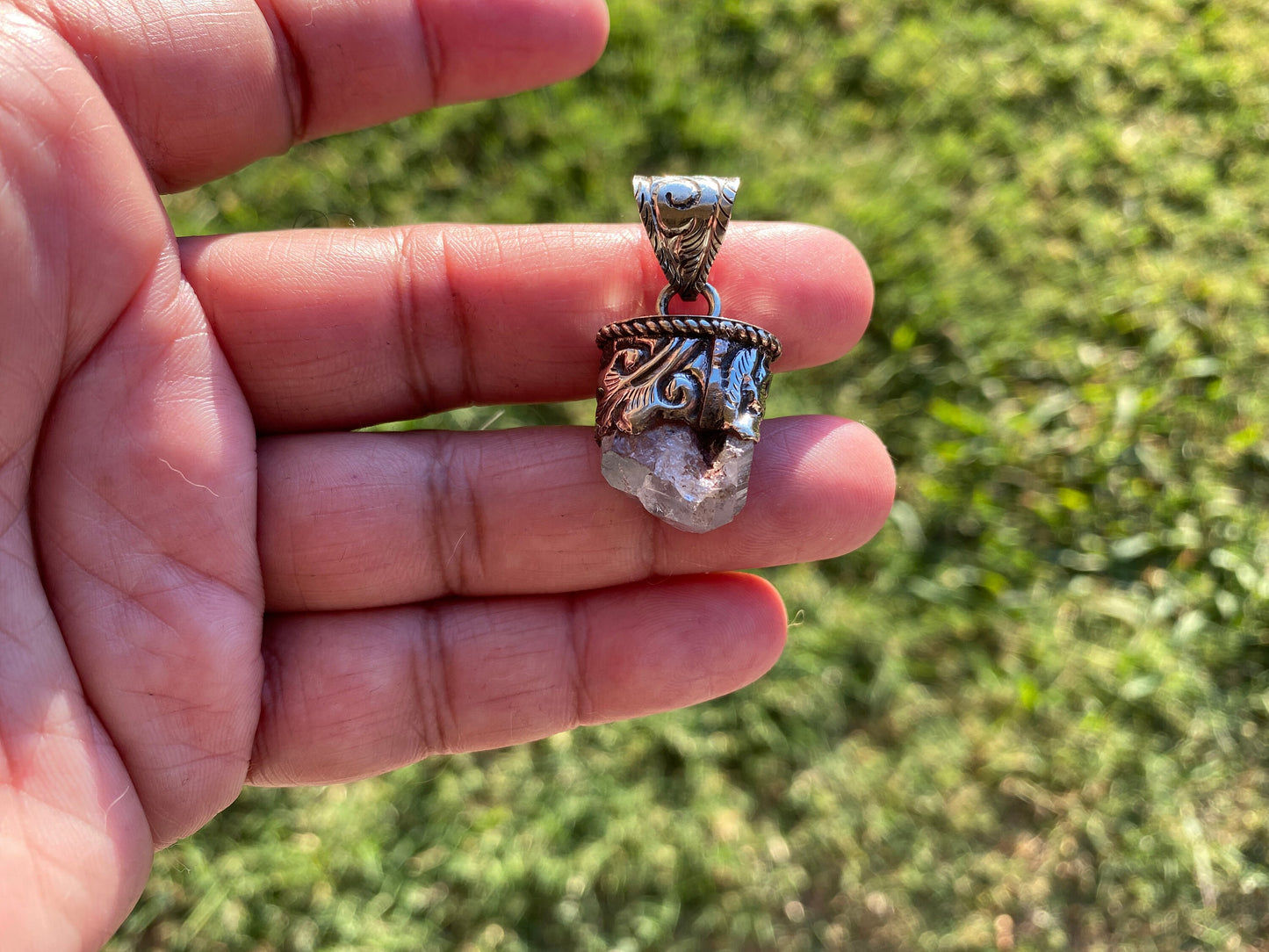 Raw Herkimer Diamond Tibetan Silver Pendant, Raw Crystal, April Birthstone, Crown Chakra, Freeform Pendant, Raw Stone Pendant