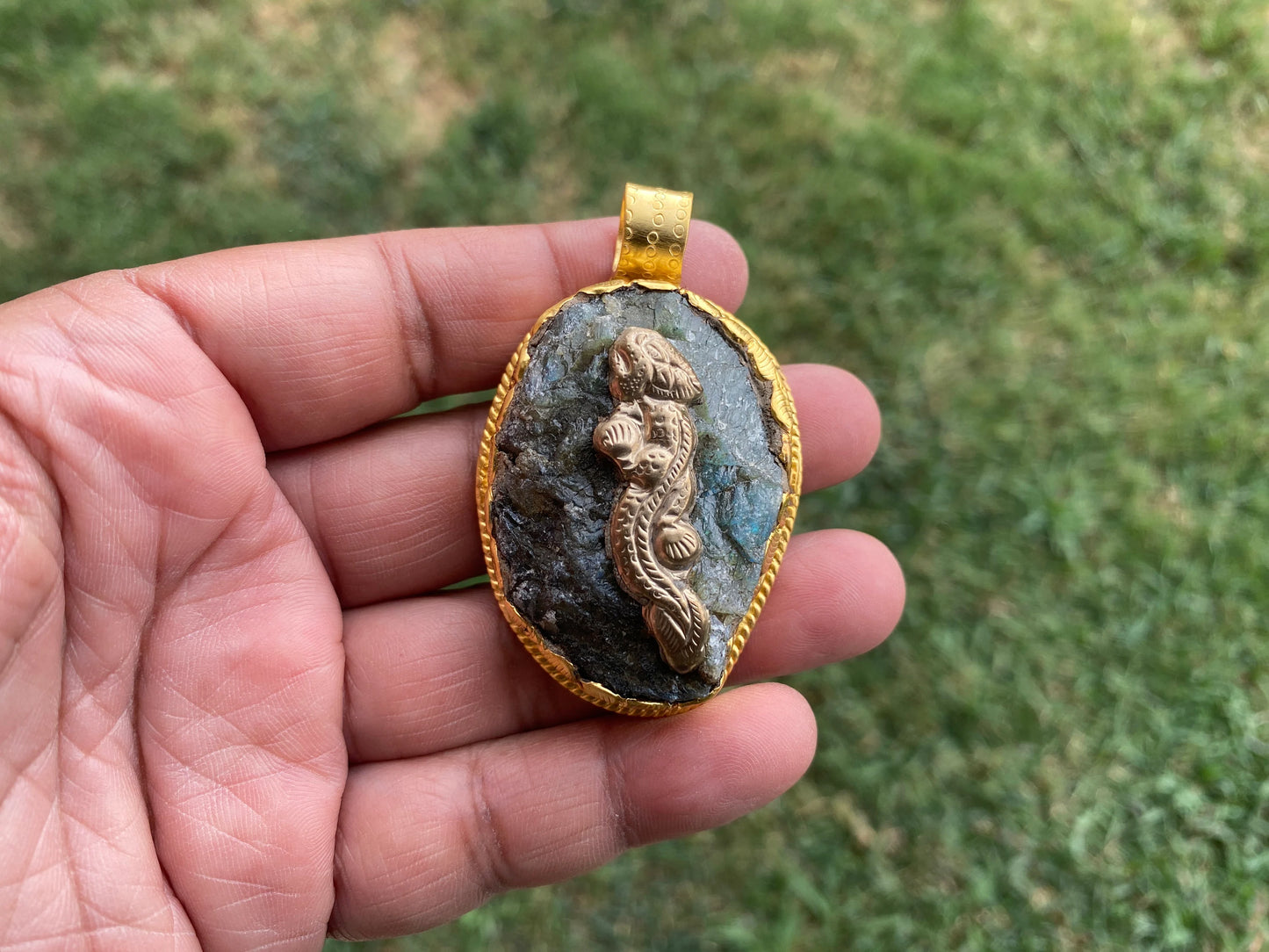 Raw Labradorite Natural Stone Pendant, Brushed Gold Overlay, Statement Piece, Elegant Jewelry, Spiritual Healing Jewelry, Premium Quality