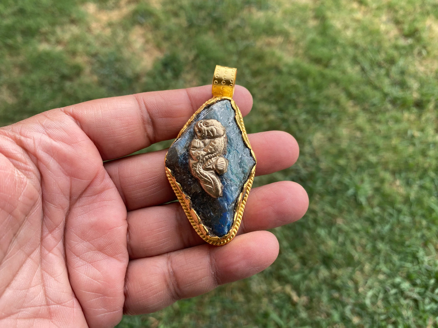 Raw Labradorite Natural Stone Pendant, Brushed Gold Overlay, Statement Piece, Elegant Jewelry, Spiritual Healing Jewelry, Premium Quality