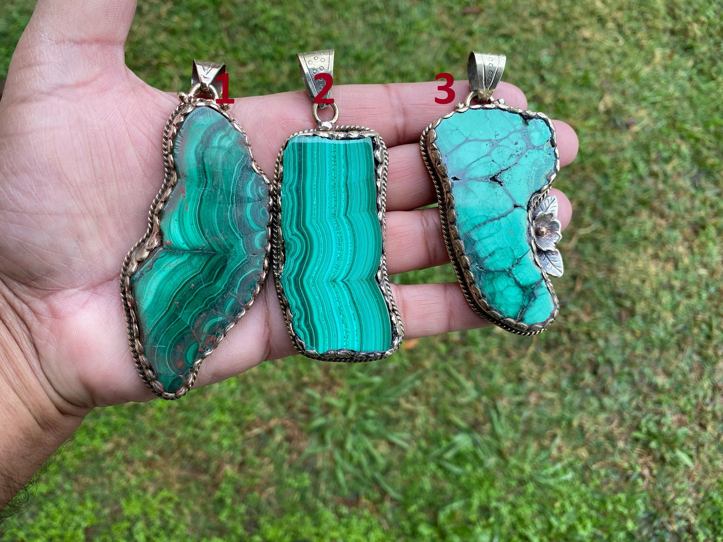 Raw Malachite Slab Natural Stone Tibetan Silver Pendant, Ethnic Jewelry, Energy Stone Pendant, Birthstone, Healing Crystal, Freeform Stone
