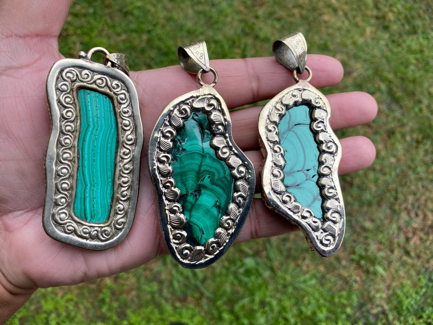 Raw Malachite Slab Natural Stone Tibetan Silver Pendant, Ethnic Jewelry, Energy Stone Pendant, Birthstone, Healing Crystal, Freeform Stone