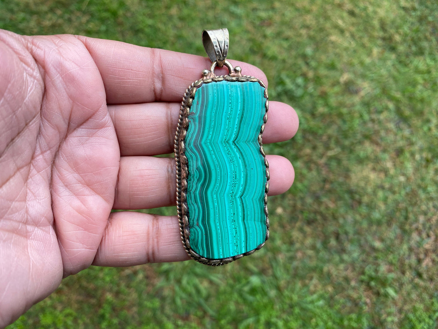Raw Malachite Slab Natural Stone Tibetan Silver Pendant, Ethnic Jewelry, Energy Stone Pendant, Birthstone, Healing Crystal, Freeform Stone