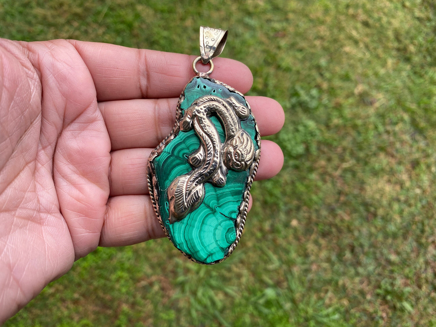 Raw Malachite Slab Natural Stone Tibetan Silver Pendant, Ethnic Jewelry, Energy Stone Pendant, Birthstone, Healing Crystal, Freeform Stone