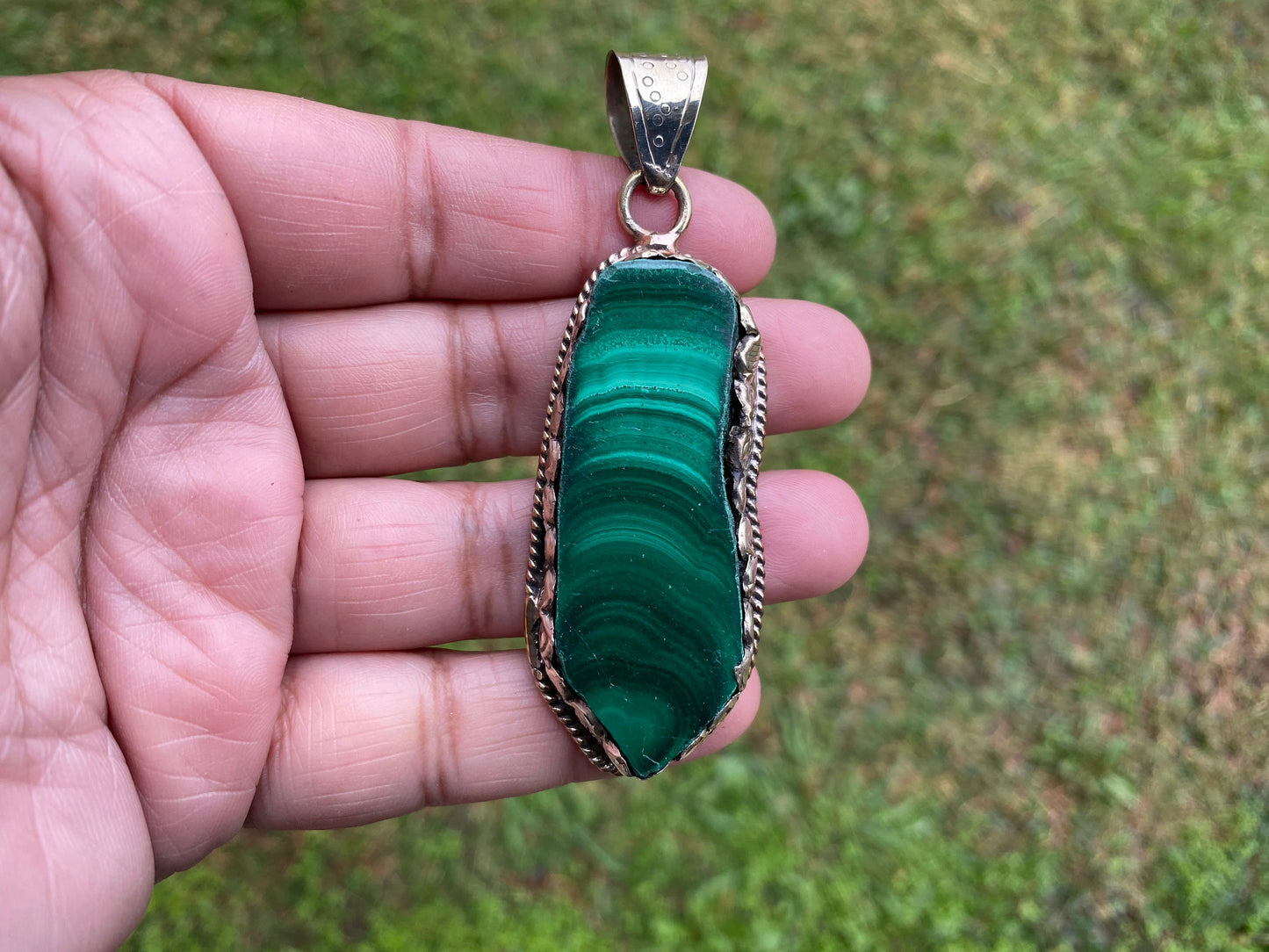 Raw Malachite Slab Natural Stone Tibetan Silver Pendant, Ethnic Jewelry, Energy Stone Pendant, Birthstone, Healing Crystal, Freeform Stone