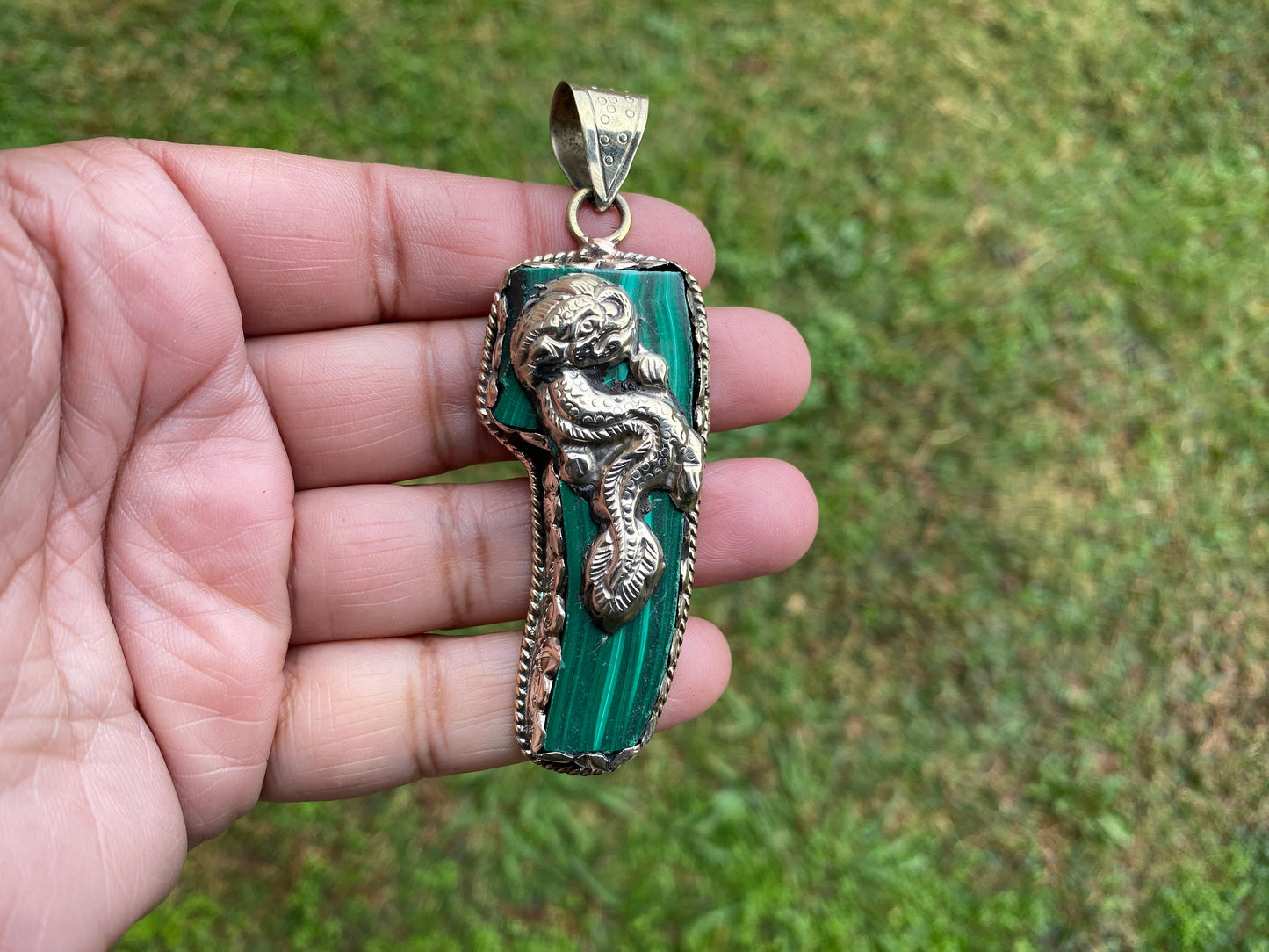 Raw Malachite Slab Natural Stone Tibetan Silver Pendant, Ethnic Jewelry, Energy Stone Pendant, Birthstone, Healing Crystal, Freeform Stone
