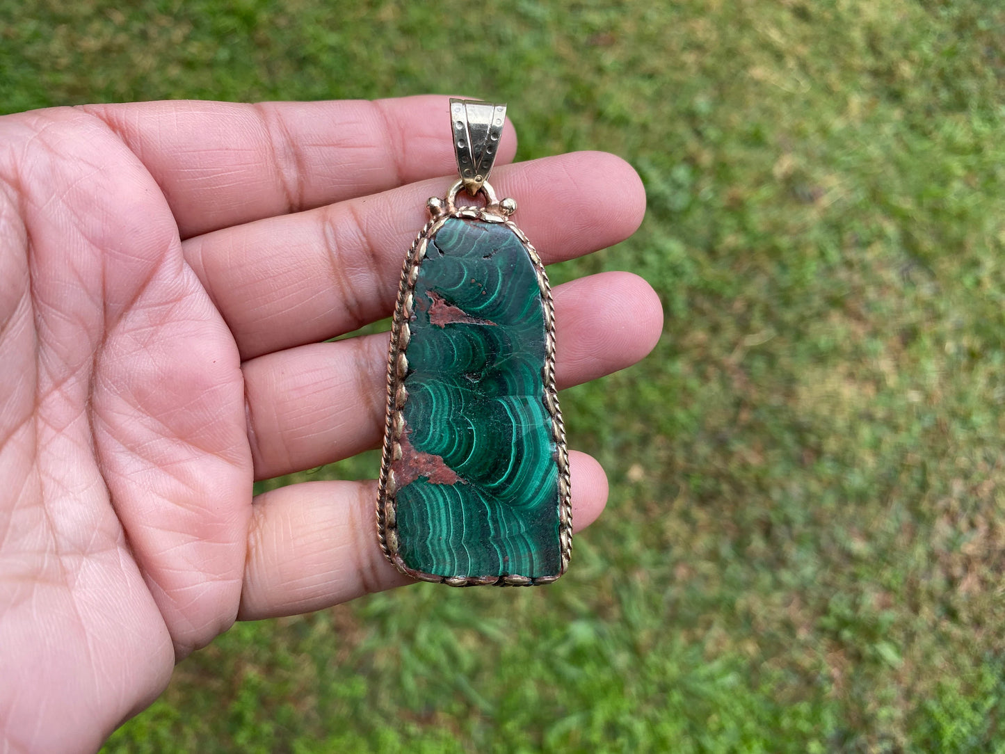 Raw Malachite Slab Natural Stone Tibetan Silver Pendant, Ethnic Jewelry, Energy Stone Pendant, Birthstone, Healing Crystal, Freeform Stone