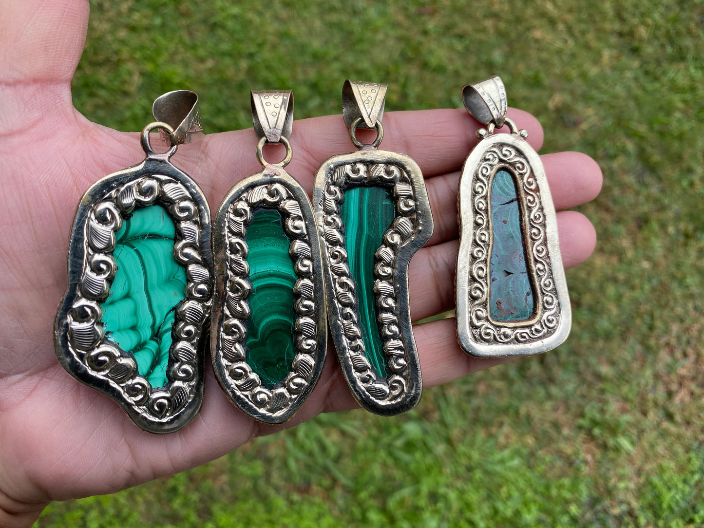 Raw Malachite Slab Natural Stone Tibetan Silver Pendant, Ethnic Jewelry, Energy Stone Pendant, Birthstone, Healing Crystal, Freeform Stone