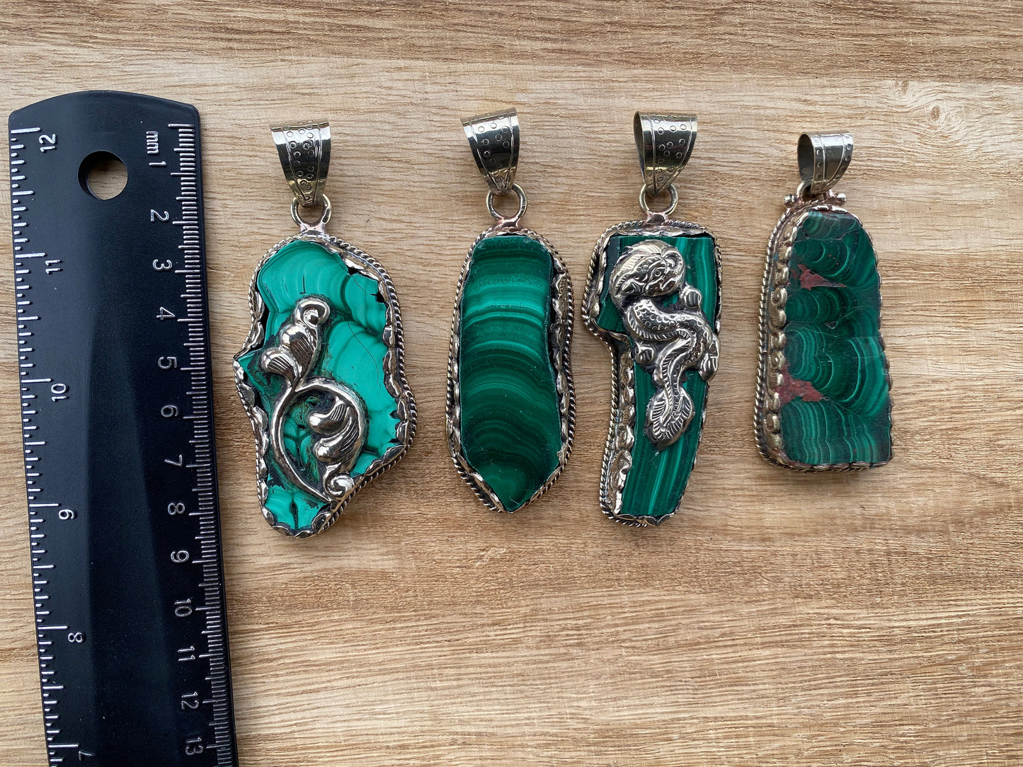 Raw Malachite Slab Natural Stone Tibetan Silver Pendant, Ethnic Jewelry, Energy Stone Pendant, Birthstone, Healing Crystal, Freeform Stone