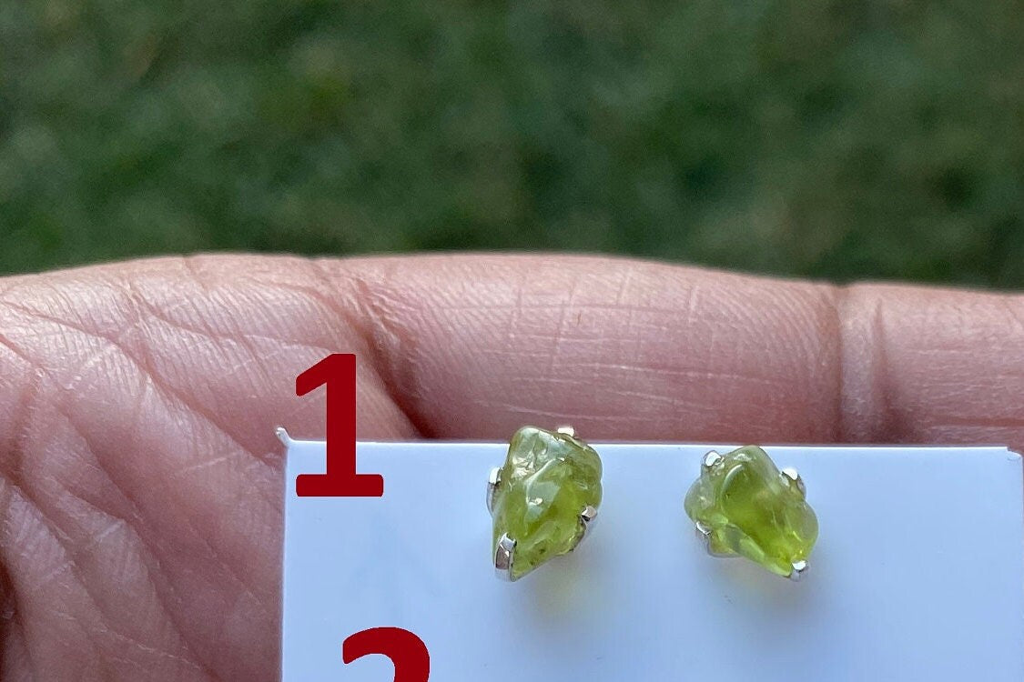 Raw Peridot Gemstone Ear Studs, Sterling Silver Earring