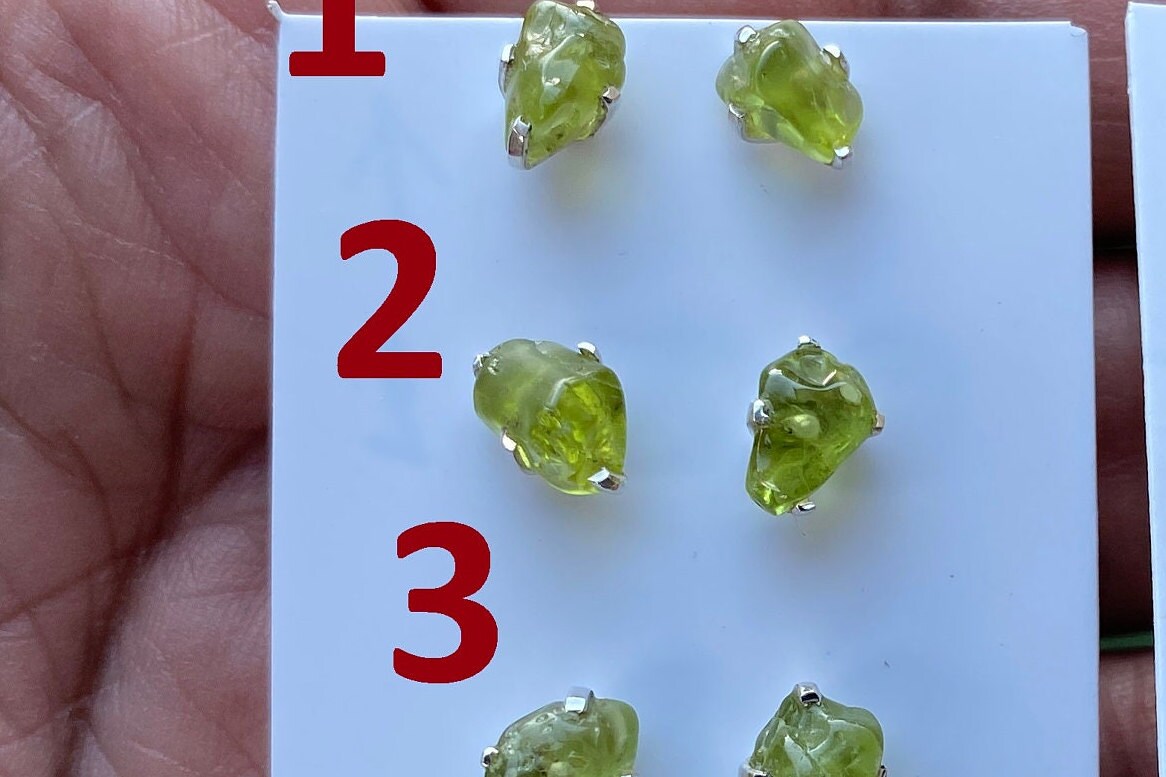Raw Peridot Gemstone Ear Studs, Sterling Silver Earring