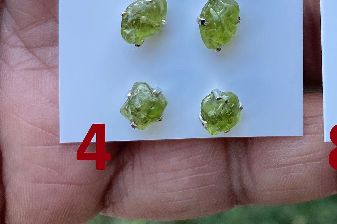 Raw Peridot Gemstone Ear Studs, Sterling Silver Earring