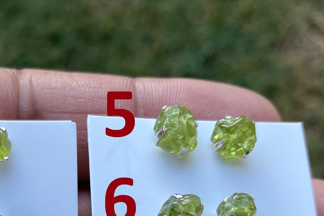 Raw Peridot Gemstone Ear Studs, Sterling Silver Earring