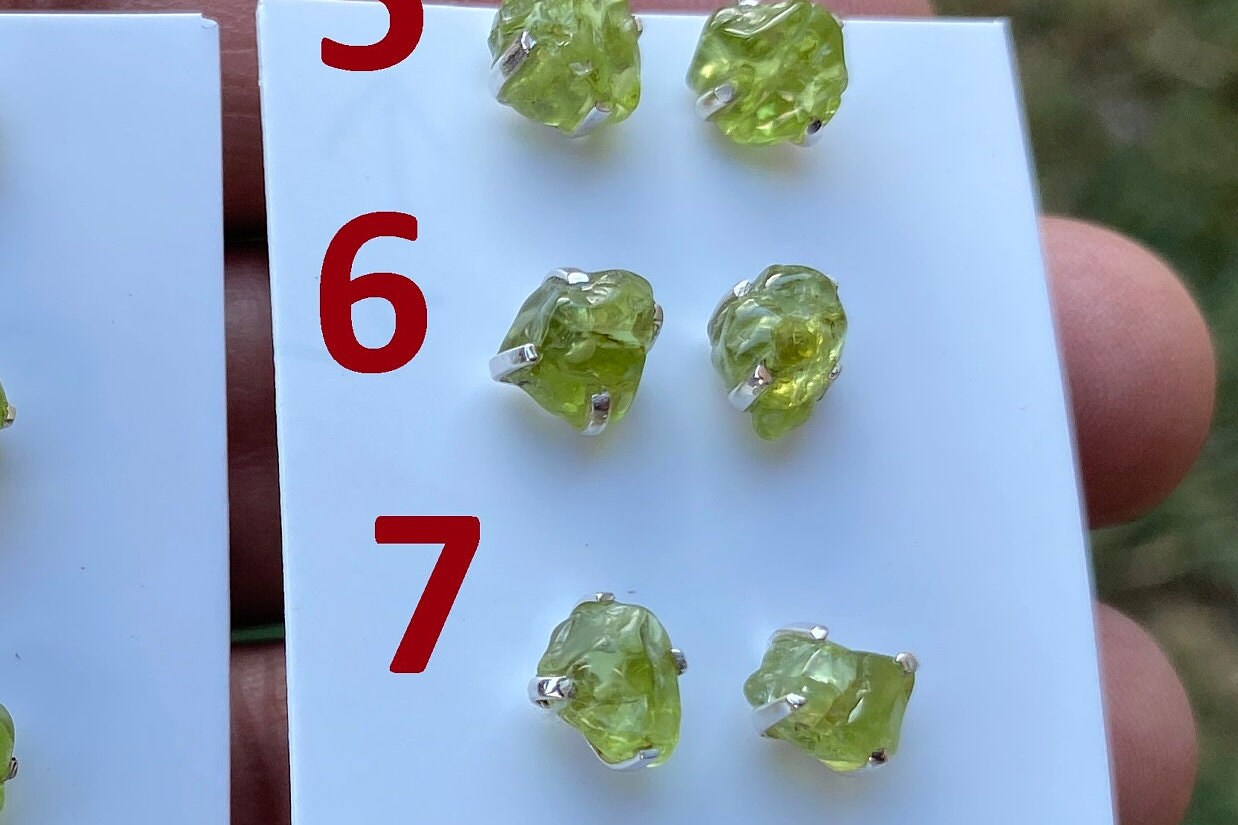 Raw Peridot Gemstone Ear Studs, Sterling Silver Earring