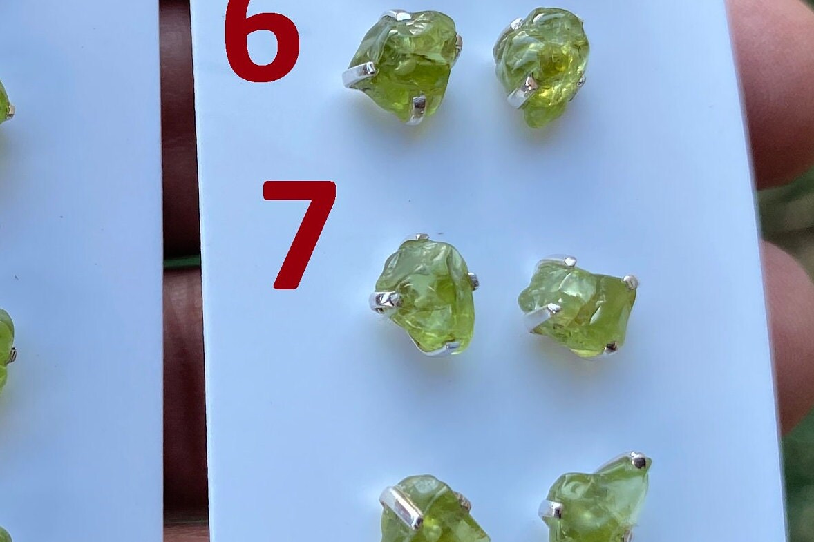 Raw Peridot Gemstone Ear Studs, Sterling Silver Earring