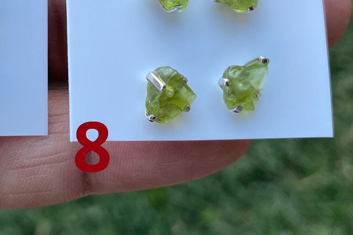 Raw Peridot Gemstone Ear Studs, Sterling Silver Earring