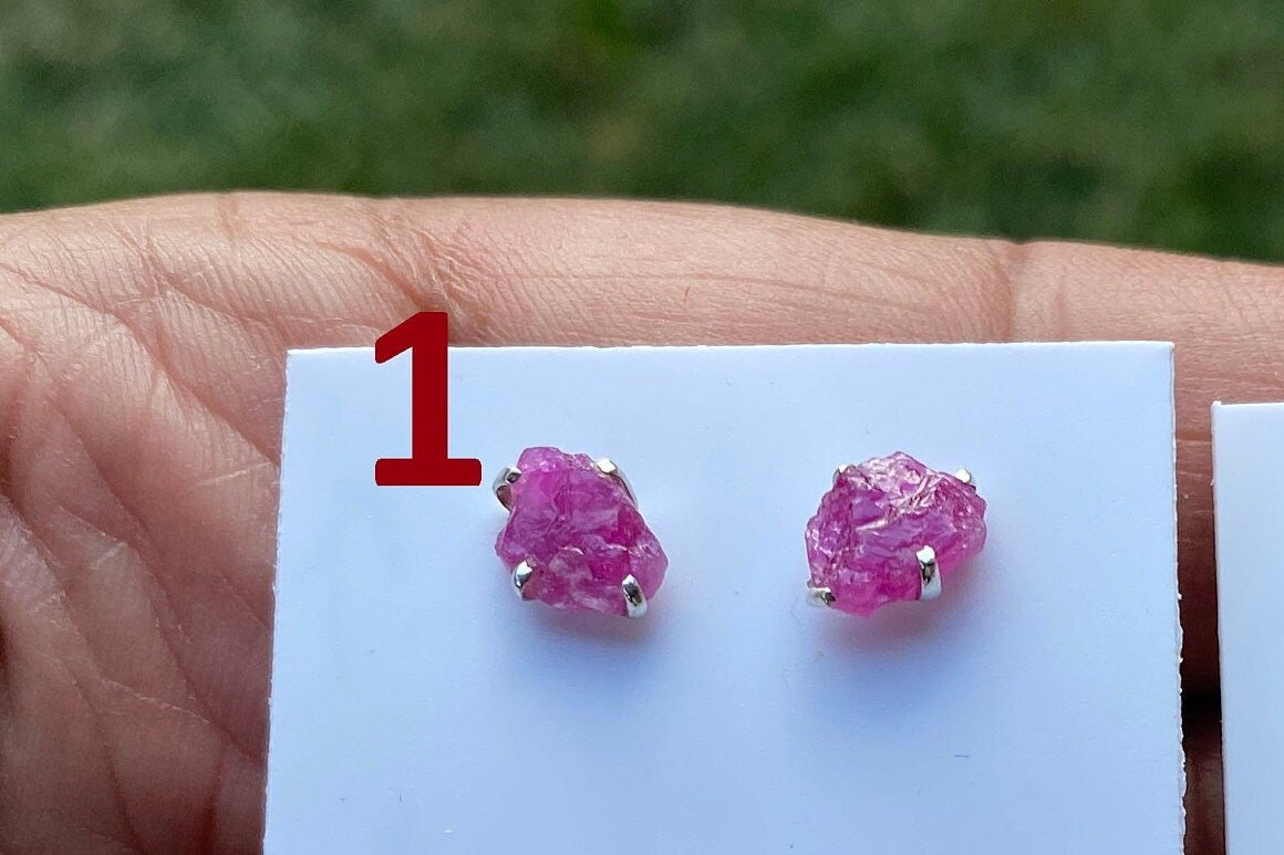 Raw Ruby Gemstone Studs Earring, Sterling Silver Earrings, July Birthstone, Rough Ruby Healing Crystal Earring, Raw Ruby Earrings For Women