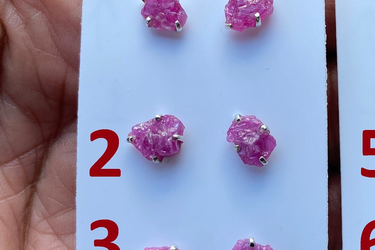 Raw Ruby Gemstone Studs Earring, Sterling Silver Earrings, July Birthstone, Rough Ruby Healing Crystal Earring, Raw Ruby Earrings For Women
