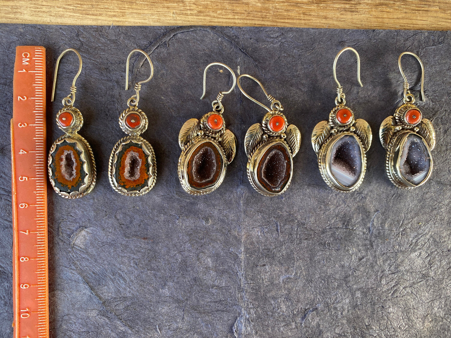 Raw Tabasco Geode with Red Coral Tibetan Silver Earring, Druzy Earring, Ear wire Earring, Natural Rough Geode Earring, Geode Earring