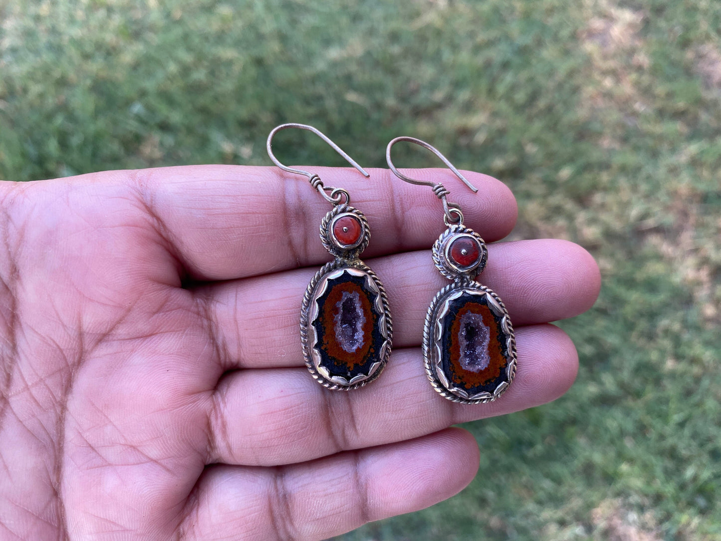 Raw Tabasco Geode with Red Coral Tibetan Silver Earring, Druzy Earring, Ear wire Earring, Natural Rough Geode Earring, Geode Earring