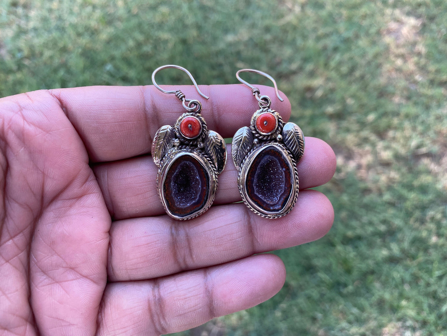 Raw Tabasco Geode with Red Coral Tibetan Silver Earring, Druzy Earring, Ear wire Earring, Natural Rough Geode Earring, Geode Earring