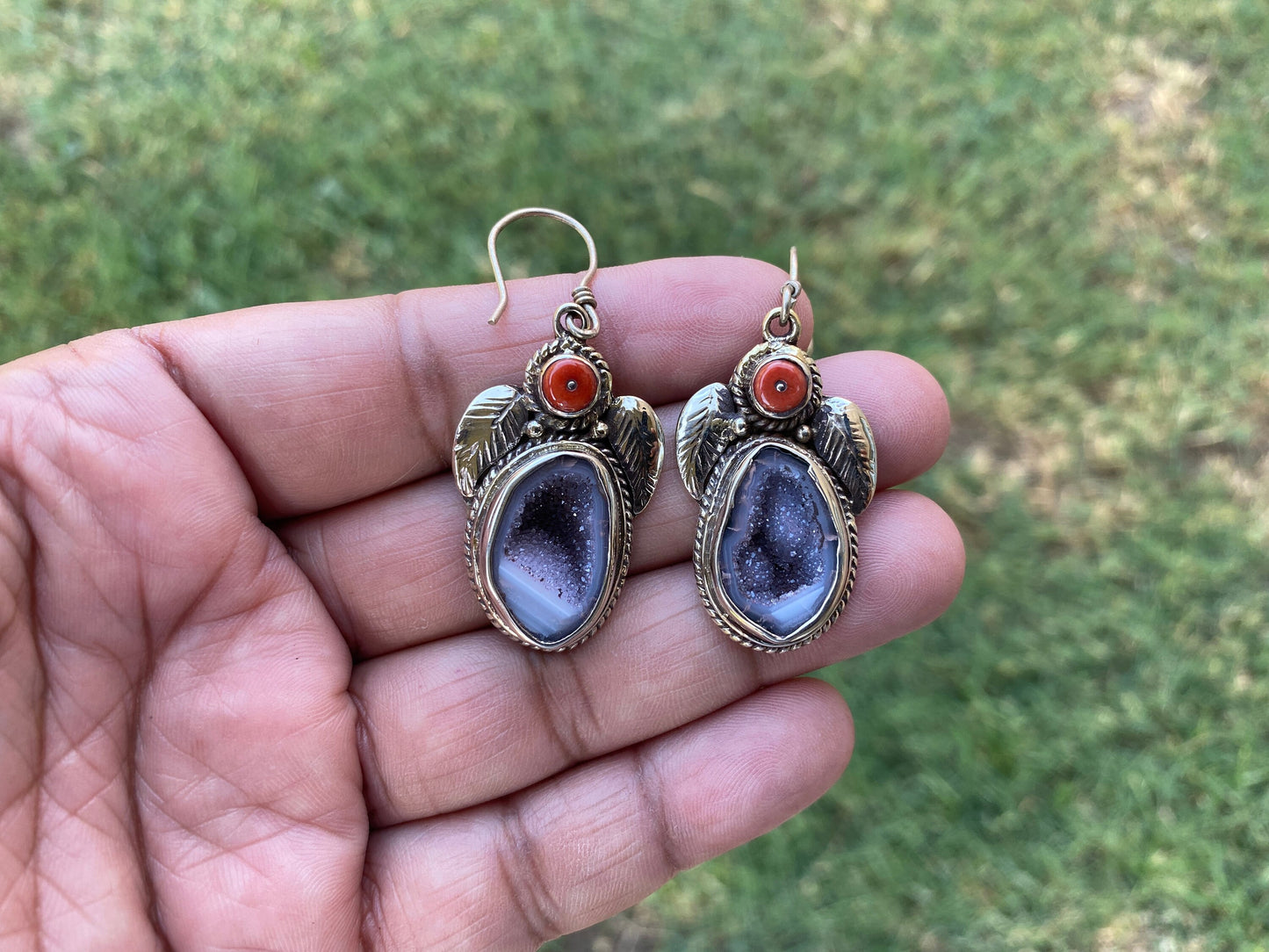 Raw Tabasco Geode with Red Coral Tibetan Silver Earring, Druzy Earring, Ear wire Earring, Natural Rough Geode Earring, Geode Earring