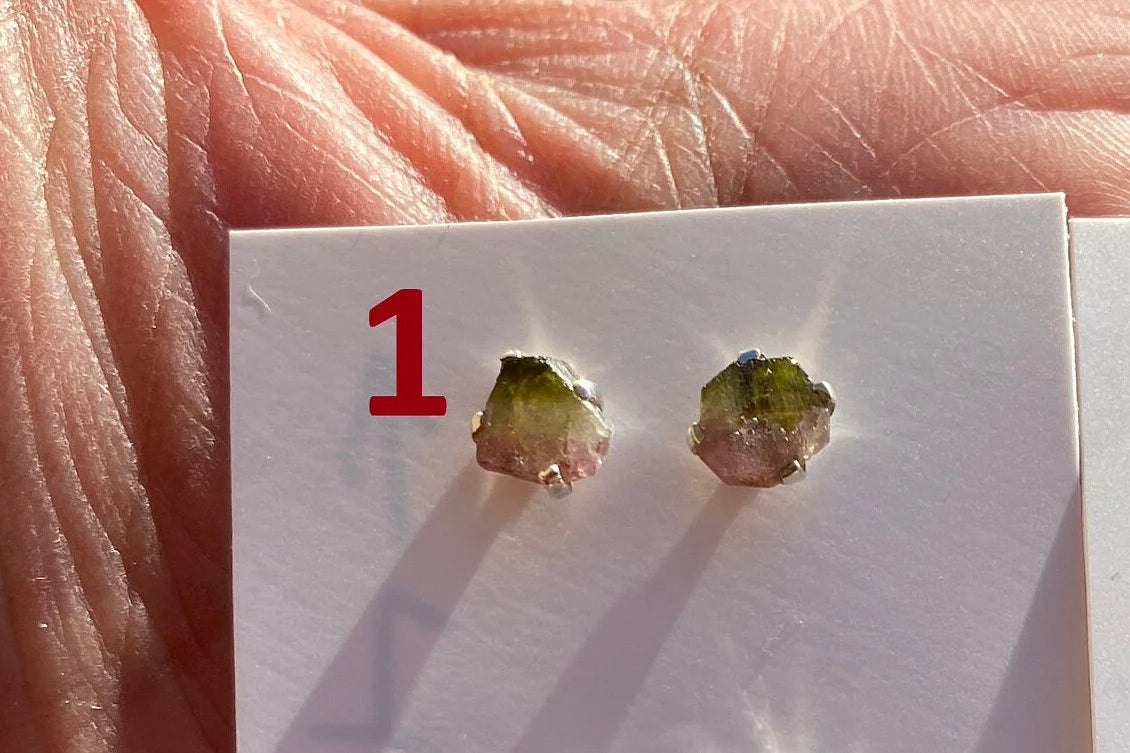 Raw Watermelon Tourmaline Stud Earring, Sterling Silver Studs, Rough Gemstone Earrings, Raw Tourmaline Stud Earrings, Natural Stone Jewelry