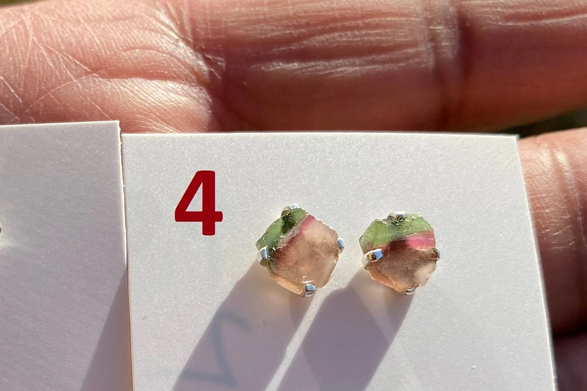 Raw Watermelon Tourmaline Stud Earring, Sterling Silver Studs, Rough Gemstone Earrings, Raw Tourmaline Stud Earrings, Natural Stone Jewelry