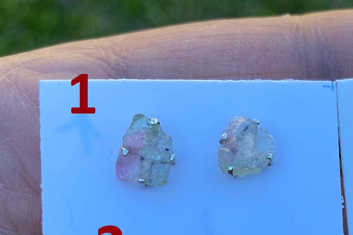 Raw Watermelon Tourmaline Sterling Silver Stud Earrings, Elegant, Dainty, Stylish Natural Stone, Rough Gemstone Earring, Raw Tourmaline Stud