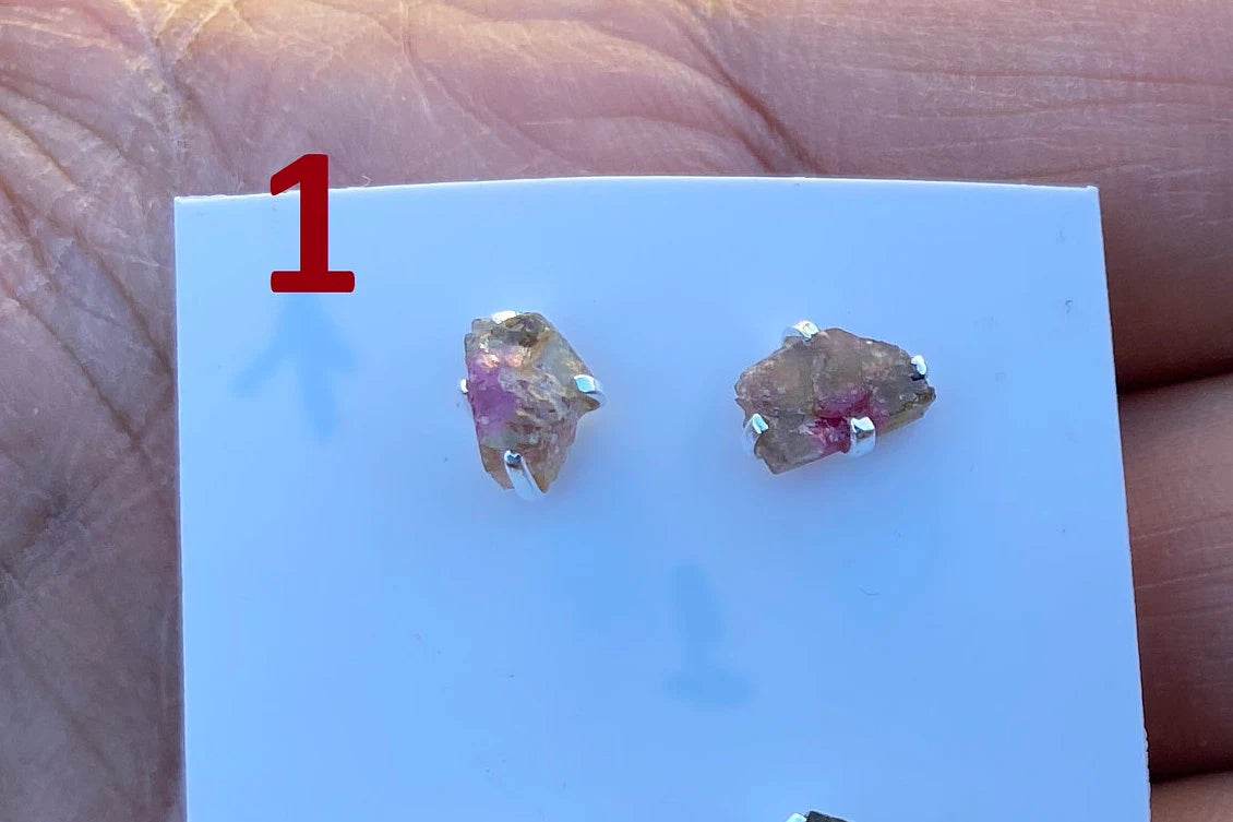 Raw Watermelon Tourmaline Sterling Silver Stud Earrings, Elegant, Dainty, Stylish Natural Stone, Rough Gemstone Earring, Raw Tourmaline Stud