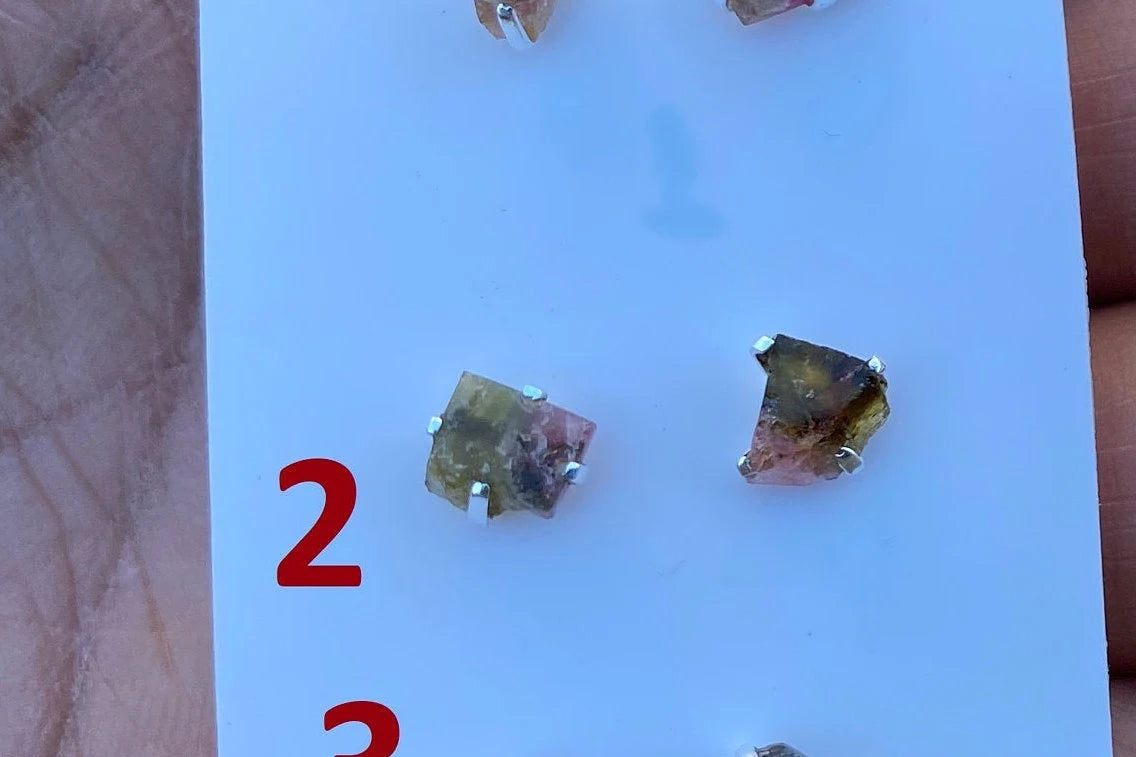 Raw Watermelon Tourmaline Sterling Silver Stud Earrings, Elegant, Dainty, Stylish Natural Stone, Rough Gemstone Earring, Raw Tourmaline Stud
