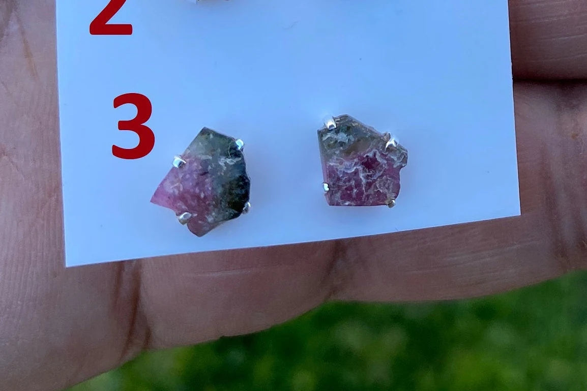 Raw Watermelon Tourmaline Sterling Silver Stud Earrings, Elegant, Dainty, Stylish Natural Stone, Rough Gemstone Earring, Raw Tourmaline Stud