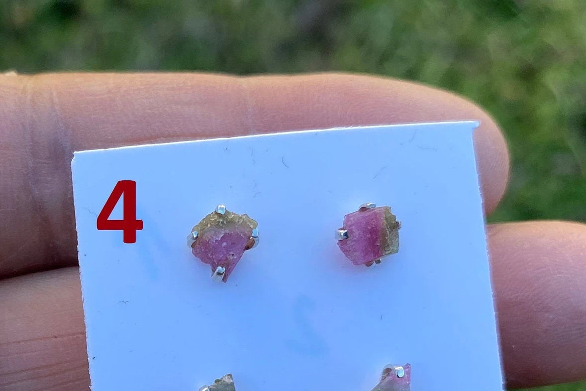 Raw Watermelon Tourmaline Sterling Silver Stud Earrings, Elegant, Dainty, Stylish Natural Stone, Rough Gemstone Earring, Raw Tourmaline Stud