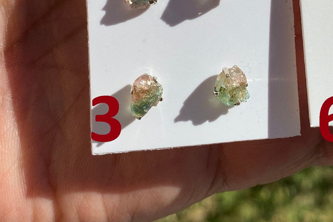 Raw Watermelon Tourmaline Studs Earring, 92.5 Sterling Silver Stud, Rough Gemstone Earring, Raw Tourmaline Prong Stud, Natural Stone Jewelry