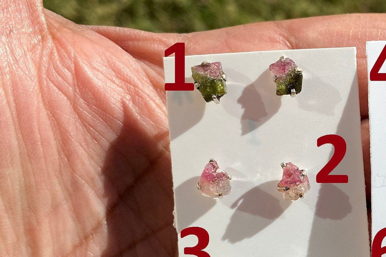 Raw Watermelon Tourmaline Studs Earring, Sterling Silver Studs, Rough Gemstone Earring, Raw Tourmaline Stud Earrings, Natural Stone Jewelry
