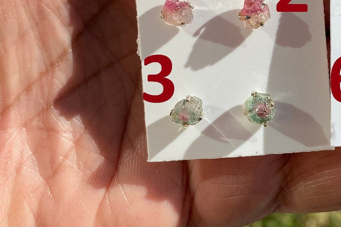 Raw Watermelon Tourmaline Studs Earring, Sterling Silver Studs, Rough Gemstone Earring, Raw Tourmaline Stud Earrings, Natural Stone Jewelry