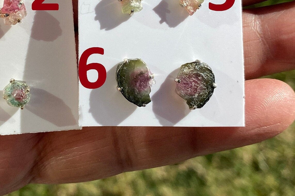 Raw Watermelon Tourmaline Studs Earring, Sterling Silver Studs, Rough Gemstone Earring, Raw Tourmaline Stud Earrings, Natural Stone Jewelry