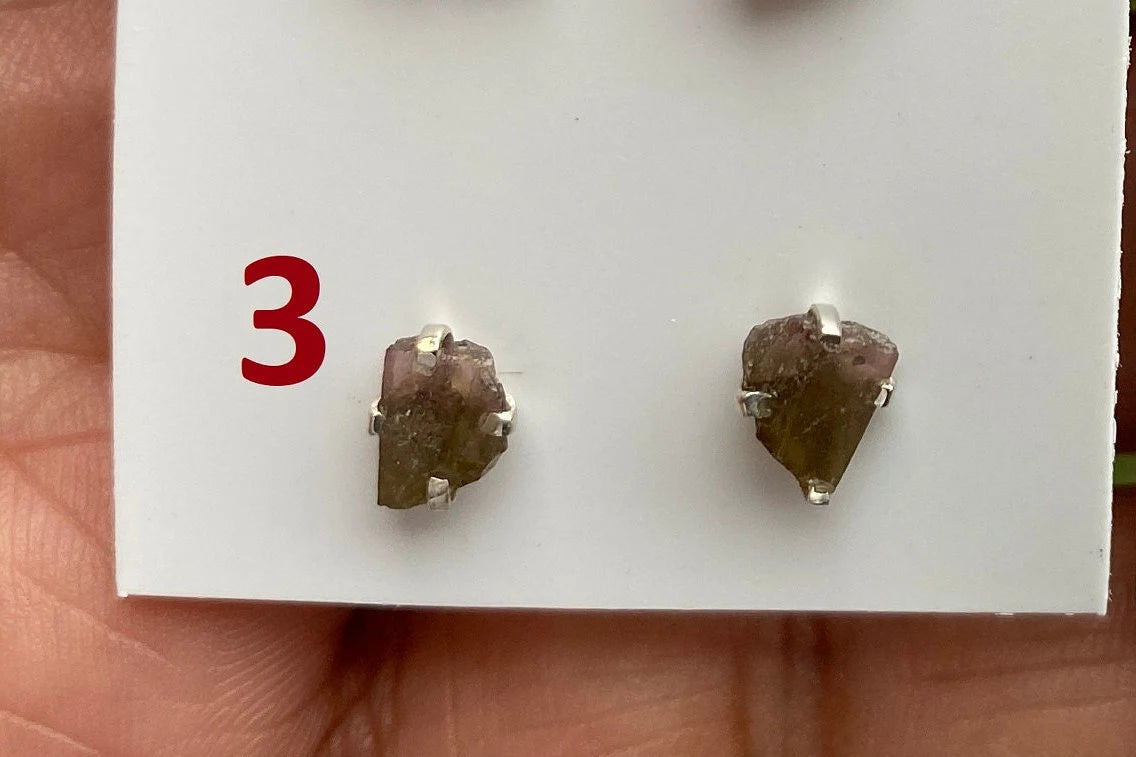 Raw Watermelon Tourmaline Studs Earring, Sterling Silver Studs, Rough Gemstone Earrings, Raw Tourmaline Stud Earrings, Natural Stone Jewelry