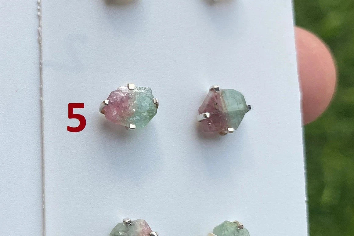 Raw Watermelon Tourmaline Studs Earring, Sterling Silver Studs, Rough Gemstone Earrings, Raw Tourmaline Stud Earrings, Natural Stone Jewelry