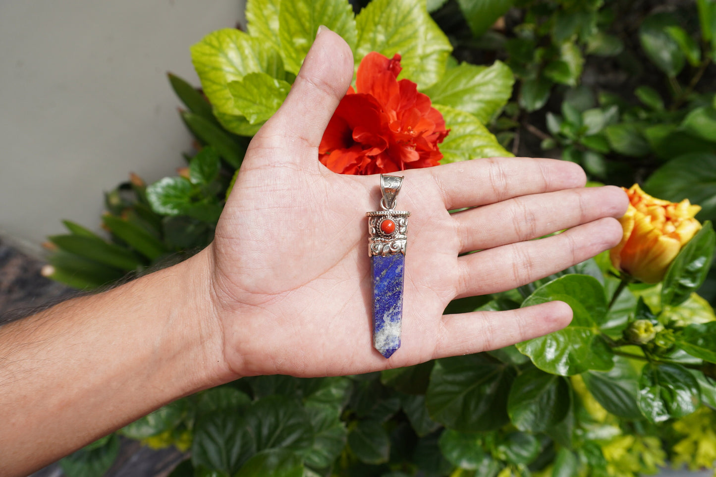 Red Coral-Enhanced Lapis Lazuli Tibetan Silver Pendant | Natural Gemstone Jewelry, Handmade Chakra Necklace, Unique Handmade Pendant Gift