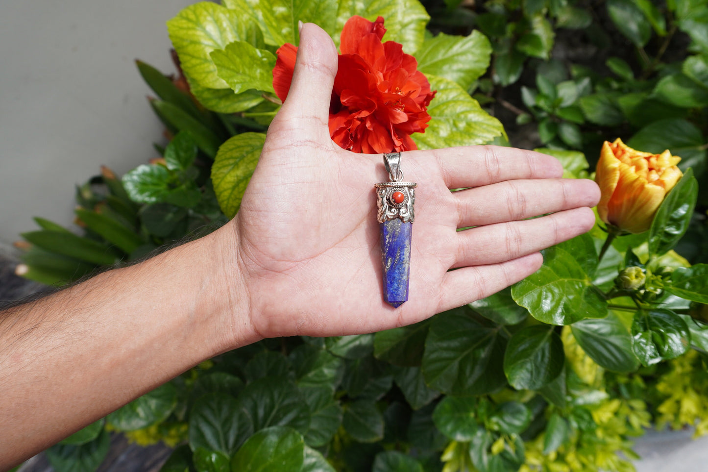 Red Coral-Enhanced Lapis Lazuli Tibetan Silver Pendant | Natural Gemstone Jewelry, Handmade Chakra Necklace, Unique Handmade Pendant Gift