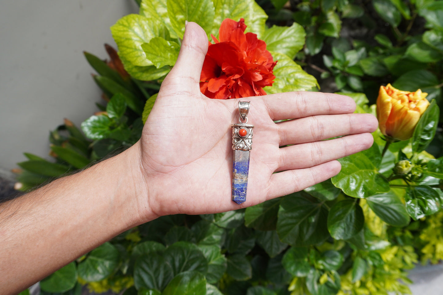 Red Coral-Enhanced Lapis Lazuli Tibetan Silver Pendant | Natural Gemstone Jewelry, Handmade Chakra Necklace, Unique Handmade Pendant Gift