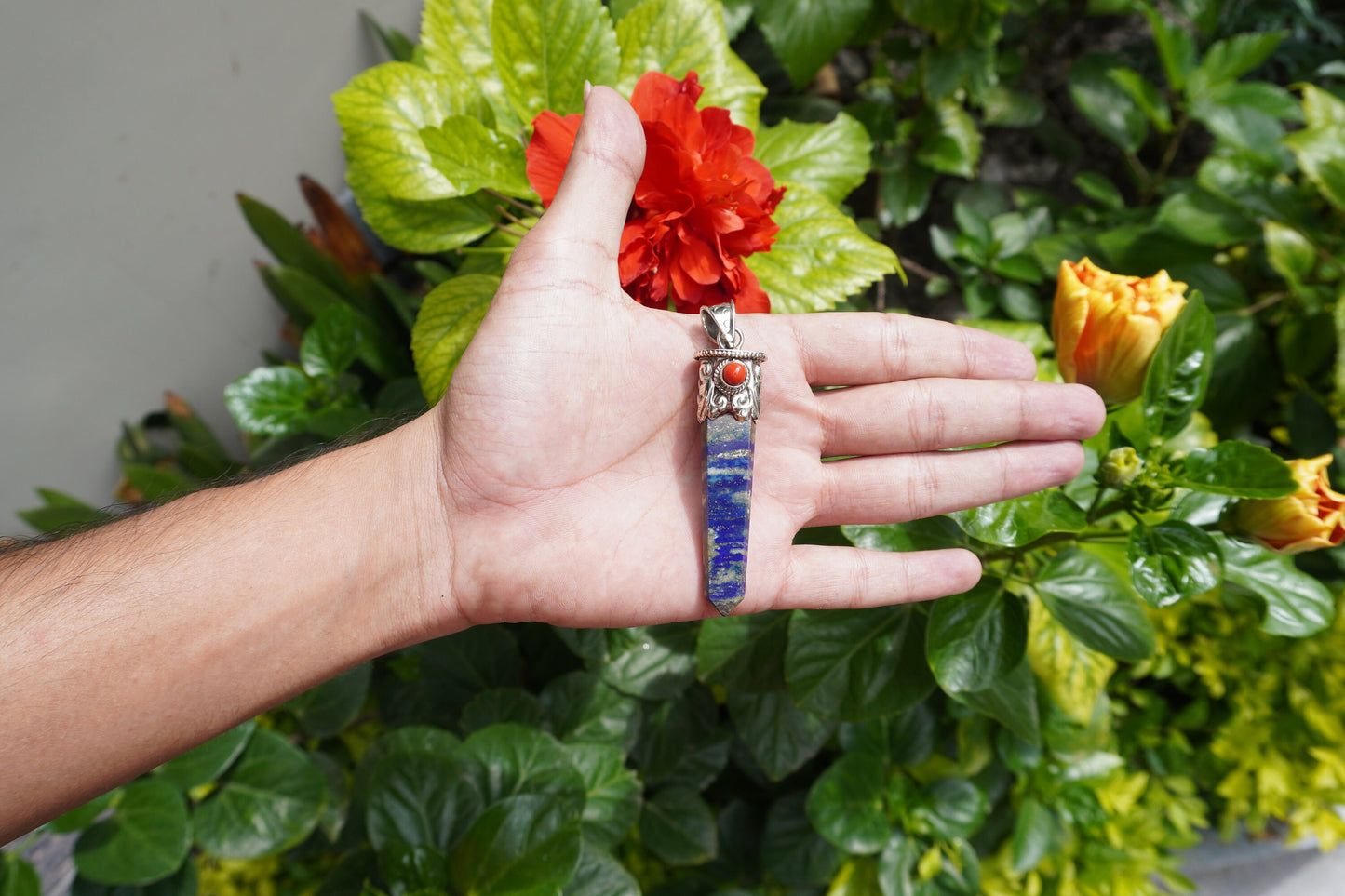 Red Coral-Enhanced Lapis Lazuli Tibetan Silver Pendant | Natural Gemstone Jewelry, Handmade Chakra Necklace, Unique Handmade Pendant Gift