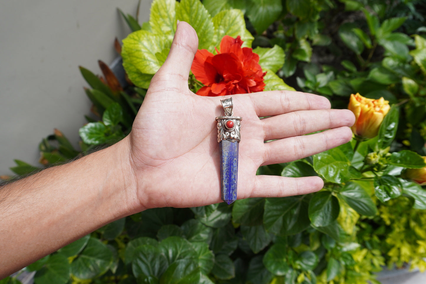 Red Coral-Enhanced Lapis Lazuli Tibetan Silver Pendant | Natural Gemstone Jewelry, Handmade Chakra Necklace, Unique Handmade Pendant Gift
