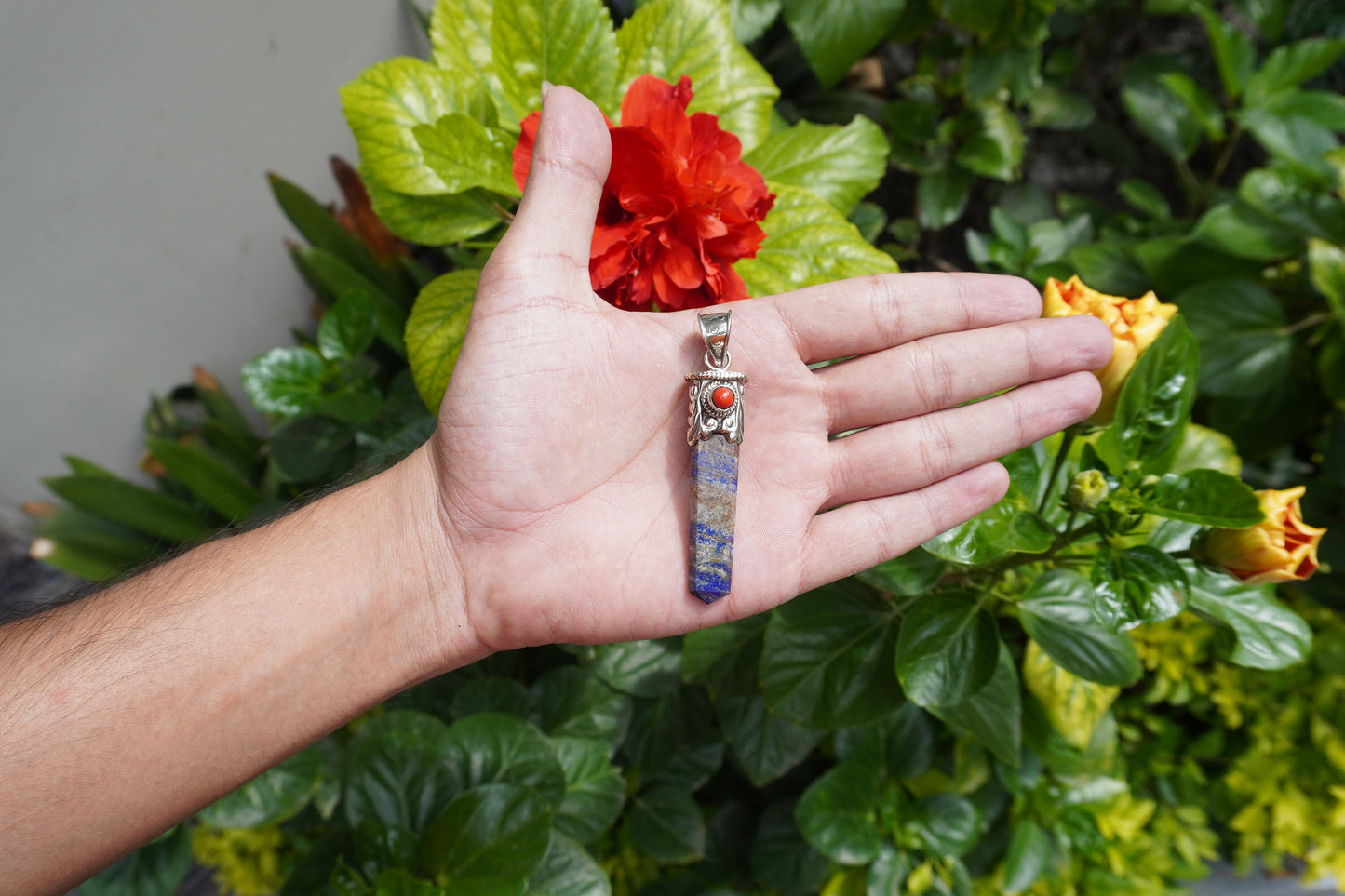 Red Coral-Enhanced Lapis Lazuli Tibetan Silver Pendant | Natural Gemstone Jewelry, Handmade Chakra Necklace, Unique Handmade Pendant Gift